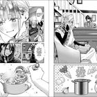Verschiedene Manga-Panels zeigen Szenen mit Figuren, die kochen und lesen, begleitet von Texten über Suppe und Heimkehr.