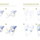 Links "Schneemann" mit vier Schritten. Rechts "Handschuhe" in vier Designs. Nummern 1-4 markieren die Schritte.