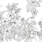 Illustration mit Elfen, die Erdbeeren pflücken. Viele Erdbeer- und Blumenpflanzen, eine Leiter, zwei Elfen mit Körbchen.