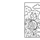 Illustration eines Elefanten auf einer Decke, mit einer Melone, umgeben von Blumen und einem Vogel.