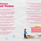 "Hunderennen mit Tücken" steht groß oben. Illustration zeigt einen Schlitten mit Huskys, zwei Kinder und einen Hund links.