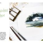 Texte: Projekte, Norwegisches Häuschen. Ein Aquarell von einem weißen Haus mit blauem Dach in grüner Landschaft, Pinsel daneben.