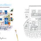Links steht: "Tipp: Bei weißen Flächen...". Eine farbige Illustration zeigt ein griechisches Haus mit blauen Türen. Rechts ist eine Skizze.