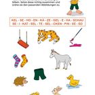 Text: "Pumuckl hat recht, dieses Rätsel hat es in sich! Unten siehst du eine Auflistung an Silben. Setze diese richtig zusammen und ordne sie den passenden Abbildungen zu." Silben: KEL, SE, HO, EN, KÄ, ZE, GEL, E, HA, SCHAU, SE, I, KAT, SEL, TE, SEL, CKEN, PIN, SE, SO.

Illustration: Ein rothaariger Kobold, Schaukel, Katze, Pinsel, Socken, Esel, Igel, Hose, Ente, Käse, Hase.