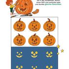 Text: "Pumuckl hat verschiedene Kürbisköpfe geschnitzt. Nimm einen Stift und verbinde helle und dunkle gleiche Gesichter."
Illustration: Pumuckl schnitzt Kürbisse, helle und dunkle Kürbisgesichter zum Verbinden.