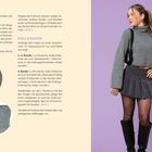 Textanleitung zum Häkeln eines Rollkragens, daneben eine Frau in grauem, gehäkeltem Pullover und Rock.