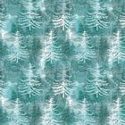 Illustration mit grünen und weißen Tannenbäumen im Schnee; ein wiederholtes Muster.