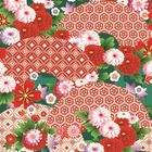 Florales Muster mit roten und weißen Blüten, grünen Blättern und geometrischen Mustern in Rottönen.