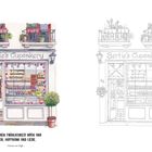 Links: "Bertie's Cupcakery". Zitat von Vincent van Gogh: "Wir haben Fröhlichkeit nötig und Glück, Hoffnung und Liebe." Illustration: ein gemütlicher Cupcake-Laden mit Pflanzen und Dekorationen. Rechts: Konturversion des gleichen Ladens.