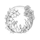 Diese Illustration zeigt Blumen in einem runden Arrangement mit Glockenblumen, Gänseblümchen und Blättern.