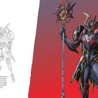 Illustration eines Mechas mit Stab. Links: Skizze. Rechts: Farbige Version auf rotem Hintergrund. Texte: "Entwirf eine Waffe..." und "TIPP Schattierungen...".