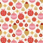 Weihnachtliche Illustration mit Kugeln, Glocken und Sternen in Rot, Gold und Rosa, auf hellem Hintergrund.