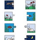 Welche Puzzleteile gehören zusammen? Verbinde! Illustration von Puzzleteilen mit Tieren, Pflanzen, Sternen und Mond.