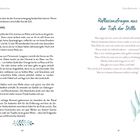 Seite mit Anleitung und Reflexionsfragen. Links Anleitung mit Ruhe finden, rechts Reflexionsfragen. Dekoratives Blatt unten.
