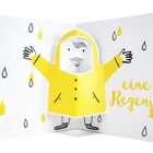 Text: "eine Regenjacke". Eine Illustration: Figur in gelber Jacke, ausgebreiteten Armen, umgeben von gelben Regentropfen.
