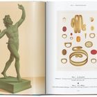 Text: "Plate 5 – Anonymous. Atrium (11) – The bronze statuette of a dancing faun... Plate 4 – G. Abbate... Gold jewellery..." Links eine Bronzestatue eines tanzenden Fauns, rechts Goldschmuck-Illustration.