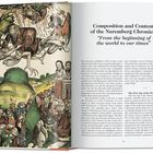 Text: "Composition and Content of the Nuremberg Chronicle 'From the beginning of the world to our times'". Illustration zeigt eine mittelalterliche Szene mit mythischen Kreaturen und Menschen.