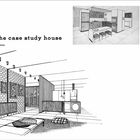 Text beschreibt das "Case Study House" von Craig Ellwood mit technischen Details und Spezifikationen. Illustrationen zeigen eine moderne Wohnraumgestaltung mit klaren Linien und offenen Räumen.