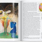 Links ein Gemälde: Drei Figuren (gelb, blau, grün) umgeben eine große, schwebende Gestalt mit Flügeln und Herzform im Hintergrund.