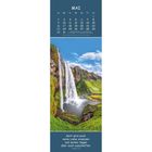 Kalender für Mai, Bibelvers unten: "Gott wird euch seine Liebe erweisen und seinen Segen über euch ausschütten." Wasserfall in Natur.