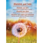 Text in orange: "Glücklich, wer liebt...", Zitat von Aegidius von Assisi. Löwenzahn in Nahaufnahme, einige Samen fliegen davon.