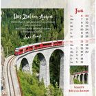 Text: "Das Ziel vor Augen. Wenn man in den falschen Zug einsteigt, nützt es nichts, den Gang in die andere Richtung entlang zu laufen."

Juni-Kalender. Ein roter Zug auf einem Viadukt. Pilotprojekt.