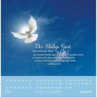 Der Heilige Geist... Johannes 14,26. Unten Kalender Mai. Weiße Taube fliegt vor blauem Himmel mit strahlendem Licht.