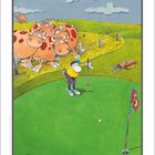 05, darunter sind kleine Zahlen von 1 bis 31. Ein Golfer puttet, während Kühe neugierig über den Zaun schauen.