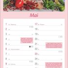 Mai-Kalenderblatt mit Feiertagen. Foto von frischem Gemüse und Obst in einem Korb und auf einem Tisch arrangiert.