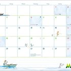 Kalender für Mai. Feiertage: Muttertag 9., Christi Himmelfahrt 13., Pfingsten 23.-24. Illustrationen: Tiere in Aktivitäten.