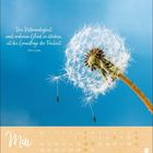 Zitat von John Locke über Glück und Freiheit oben links. Ein Löwenzahn auf blauem Himmel, darunter Mai-Kalender.