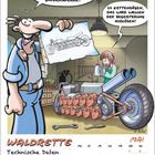 "24 Kettensägen, das wird Wellen der Begeisterung auslösen!" Zwei Figuren planen ein Motorrad mit Kettensägenmotoren.