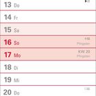 Kalender für Mai mit Feiertagen: Maifeiertag (1), Christi Himmelfahrt (6), Muttertag (9), Pfingsten (16), Fronleichnam (27).