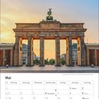 Mai, Kalender mit Feiertagen: 1. Maifeiertag, 6. Christi Himmelfahrt, 16. Pfingsten. Foto: Brandenburger Tor, Berlin.