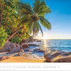 MAI. Eine tropische Strandlandschaft mit Palmen, Felsen und ruhigem Meer unter klarem Himmel.