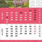 Kalender für Mai bis Juli 2027. Oben: Foto eines großen Hauses mit Garten und blühenden Büschen.