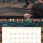 „Mai“ steht auf einem Kalenderblatt mit einem Drachen darunter. Eine Szene zeigt einen großen Drachen und einen Menschen.