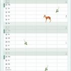 Kalender für Mai, Feiertage markiert. Illustration: sitzender Fuchs unten, Rehkitz in der Mitte, grüne Blätter.