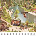 Kalenderseite "05" mit Tagen im Mai. Szene: Wald mit Bauarbeiten, Freizeitaktivitäten am Teich, Leuten und Natur.