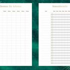 "Termine für Arbeiten" links, "Notenübersicht" rechts; Tabellen für Fach, Datum, Note und Gesamtnote; smaragdgrüner Hintergrund.