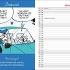 Text: "Januar", "2027", "Sie sind mit 95 durch die Ortschaft gebrettert!", "Na und? Werden Sie erst mal so alt!". Ein Kalenderblatt und ein Cartoon: Eine Polizistin spricht mit einem älteren Fahrer. Unten steht: "Bauernregel: Ist der Winter hart und rau, nutzt dies dem Getreidebau."