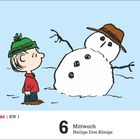 "Januar KW 1, 6 Mittwoch, Heilige Drei Könige." Illustration: Kind in rotem Pullover und grünem Hut betrachtet schiefen Schneemann.