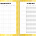Links: "Termine für Arbeiten", Spalten für Fächer und Daten. Rechts: "Notenübersicht", Spalten für Fächer, Noten, Gesamtnote. Gelber Rand.