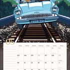 Text: "Hogwarts Express", "7990 TD", "05", "MAI". Illustration: Ein fliegendes Auto vor einem Zug auf Gleisen. Kalender unten.
