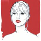 Illustration einer Frau mit blassem Gesicht und roten Lippen vor rotem Hintergrund. Text: "MAI" und kalendarische Daten.