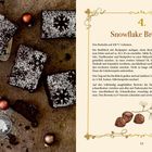 Rezept für Snowflake Brownies: Zutatenliste und Zubereitung, 8 Stück. Bild zeigt Brownies mit Puderzucker und Schneeflocken.
