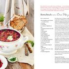 Borschtsch-Rezept mit Zutaten: Rindfleisch, Zwiebeln, rote Bete. Daneben ein Eintopf in einer dekorativen Schüssel.