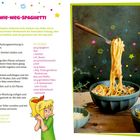 "Nix-wie-weg-Spaghetti", Rezeptschritte unter farbenfrohen Dekoelementen; Illustration zeigt ein blondes Mädchen.