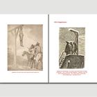 XVIII. Galgenhumor. Zwei Illustrationen von Männern am Galgen, links ein Reiterbild, rechts drei Männer auf einer Plattform.