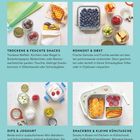 "So geht's: gut verpackt mitnehmen" steht oben. Unten sind vier bebilderte Kategorien: Snacks, Rohkost, Dips und Snackbox.